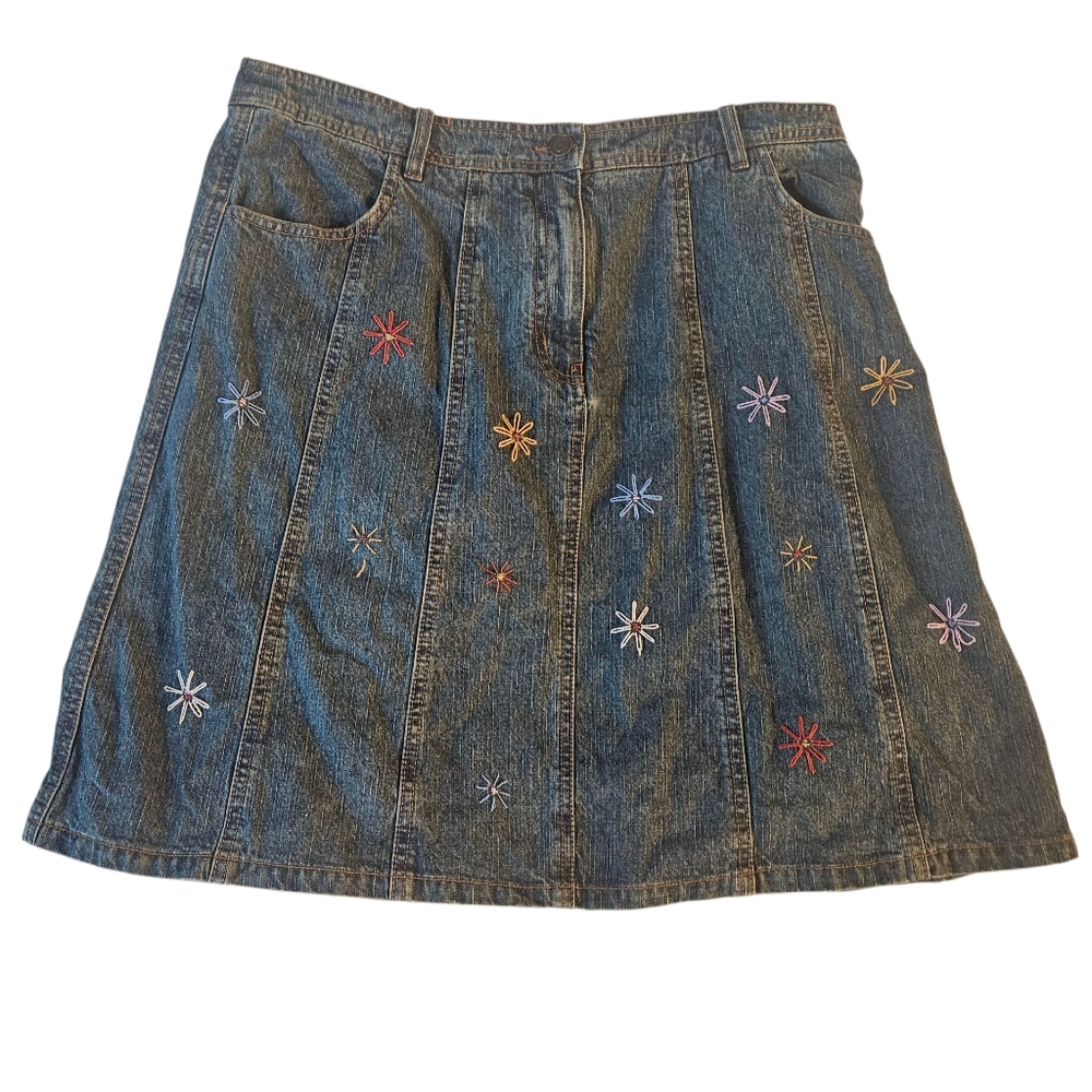 WILLI SMITH Floral Embroidered A-Line Denim Mini Skirt | SZ 14